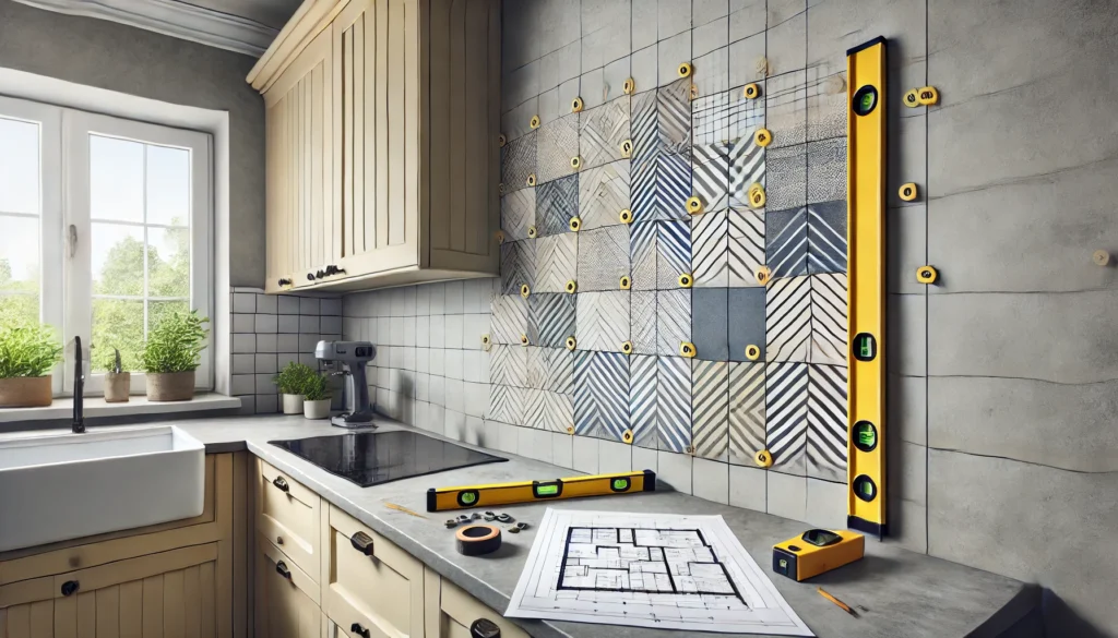 Kitchen with layout planning for square tile backsplash installation, featuring center marks, spacers, and a spirit level to ensure even tile placement.