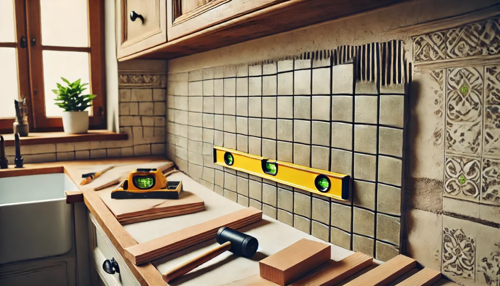 Kitchen with square tiles being set for a backsplash, using a spirit level for alignment and a rubber mallet for tapping tiles into place.