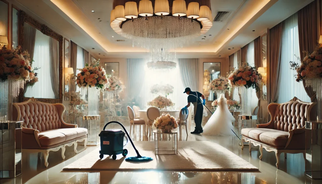 Professional cleaning service in a beautifully decorated bridal room with elegant furniture and floral arrangements.