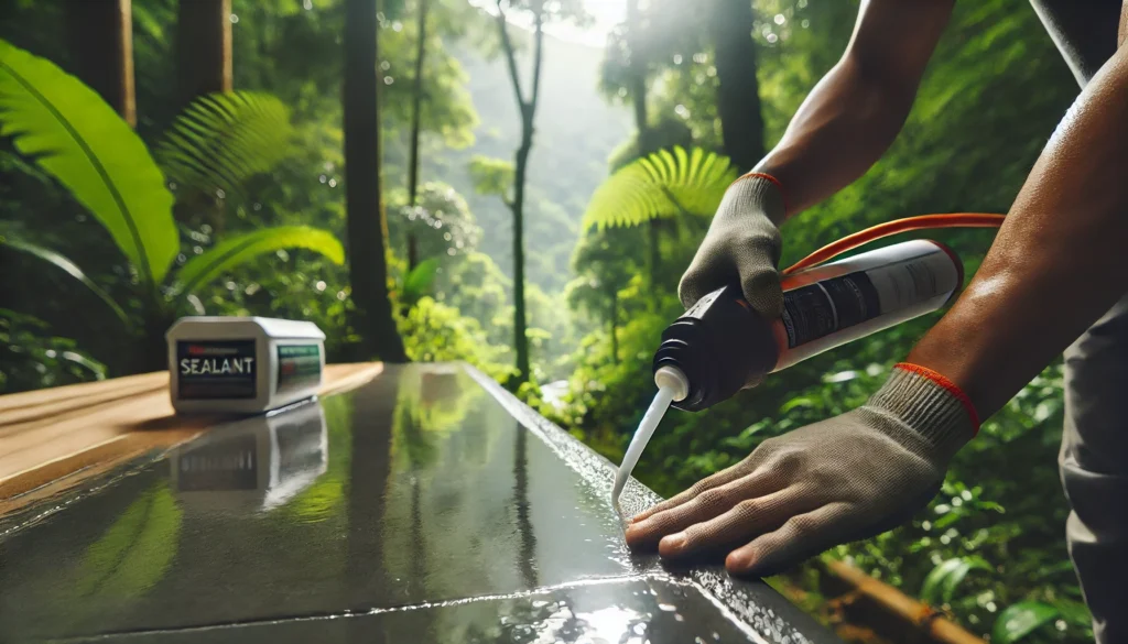 Technician applying a sealant to a surface in a lush outdoor environment with water droplets on the surface.