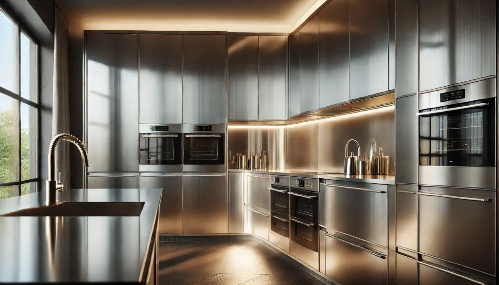 Contemporary kitchen featuring stainless steel appliances, metallic cabinet handles, and polished countertops illuminated by soft LED lighting.