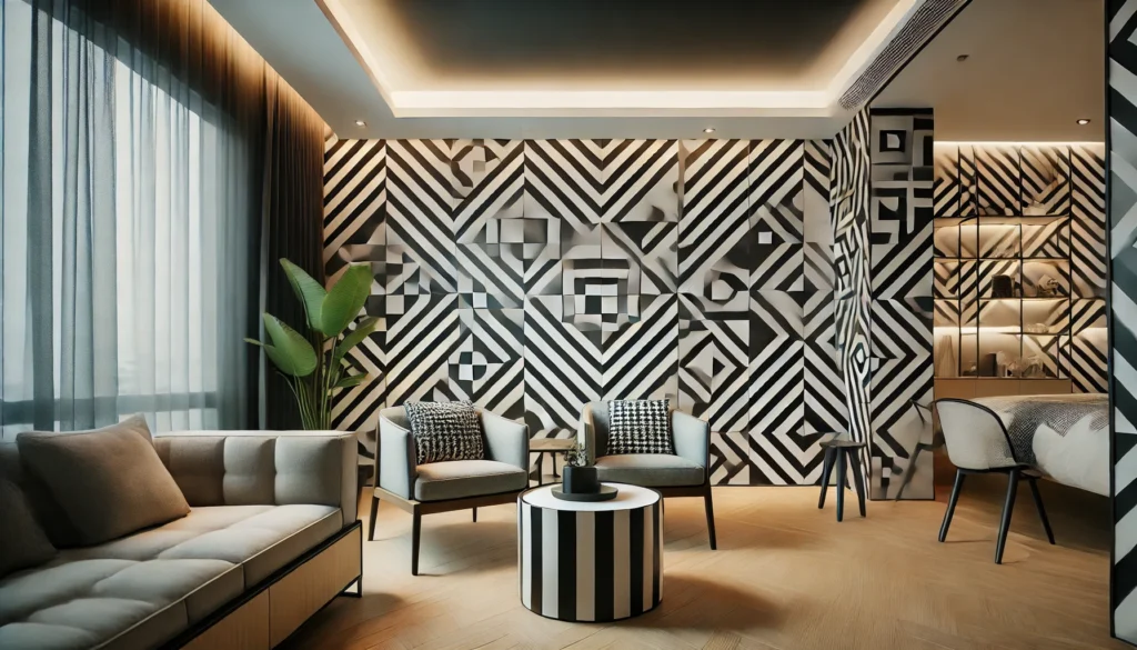 Stylish room featuring a black and white geometric accent wall with sleek furniture in a contemporary home setting.