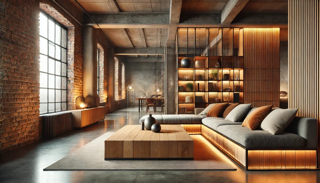 A modern living room featuring a wooden coffee table, polished concrete floor, and metal-framed bookshelf against an exposed brick wall.