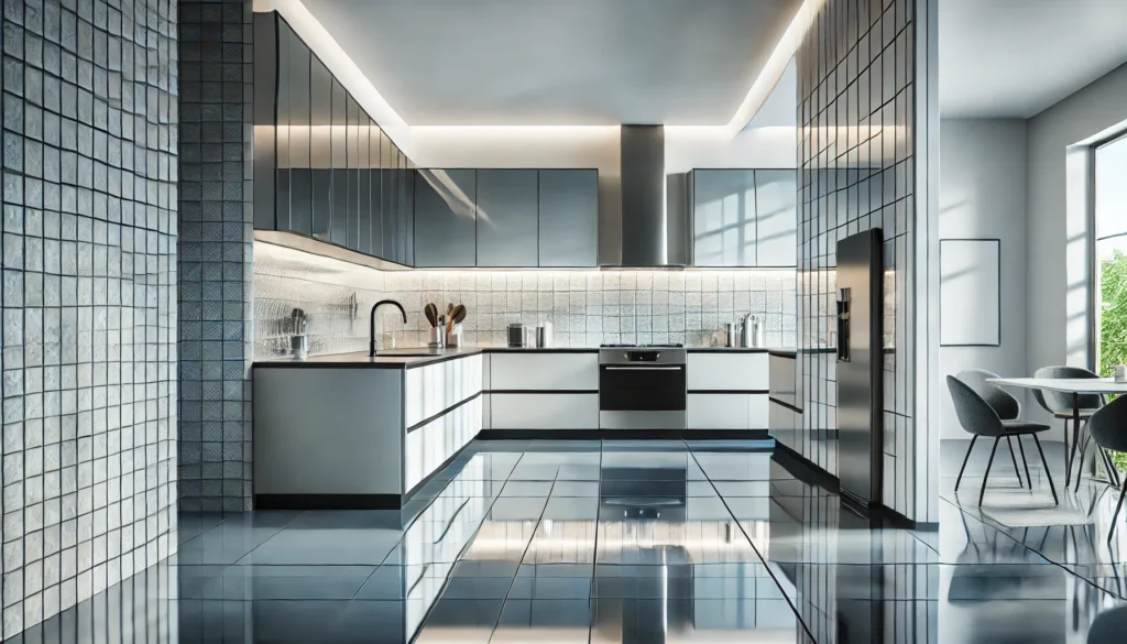 Contemporary kitchen with large-format square tiles, mirror or glass backsplash, stainless steel appliances, and a spacious island.