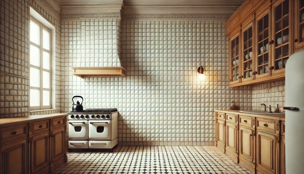 Traditional kitchen featuring white subway tiles, wooden cabinetry, and vintage-inspired stove for a clean, timeless look.