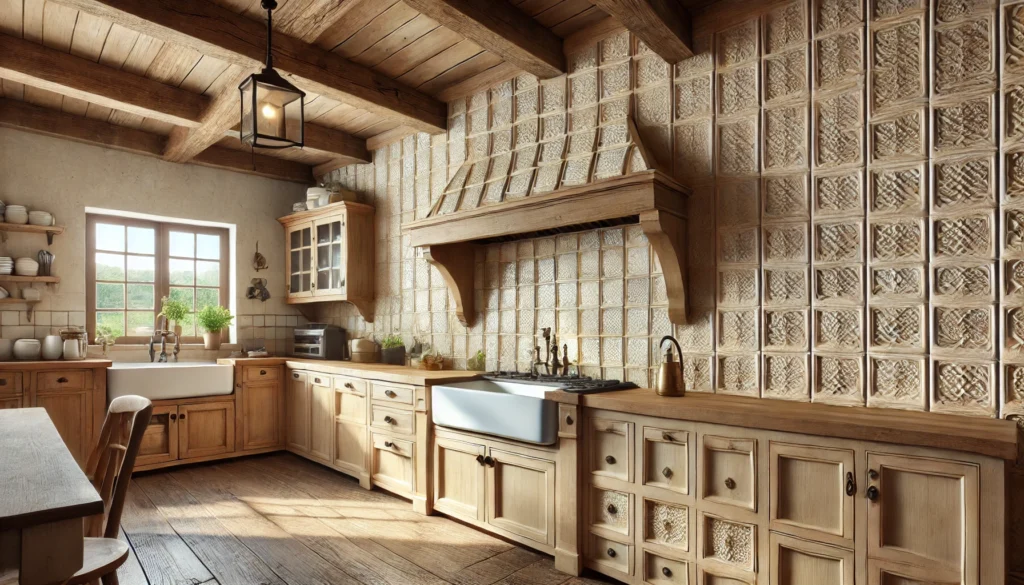 Farmhouse kitchen with light-colored textured square tile backsplash, wooden beams, and vintage-inspired appliances.