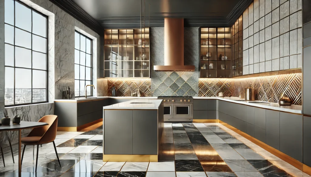 Modern kitchen with glossy large-format square tiles, bold patterns, and brass and copper accents, featuring stainless steel appliances and a spacious island.