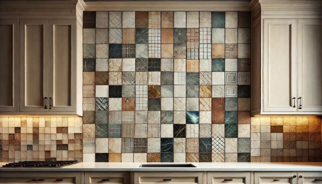 Kitchen square tile backsplash featuring ceramic, glass, marble, and natural stones, showcasing cost variations in materials.