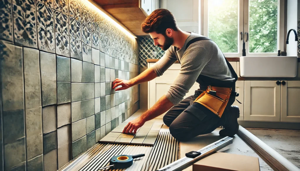 Professional installer laying square tiles on a kitchen backsplash with tools like a tile cutter and adhesive.