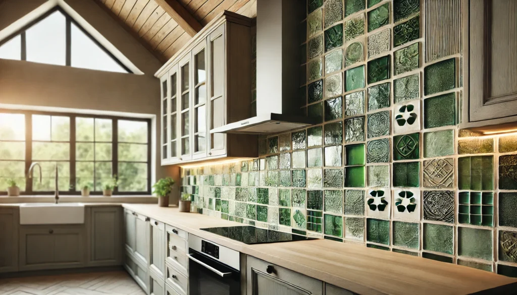 Kitchen with a green square tile backsplash made from recycled glass and ceramic tiles, showcasing sustainability and eco-friendly materials.