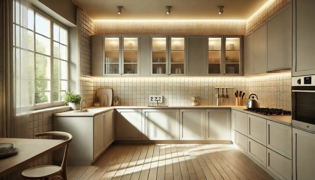 Kitchen with light-colored tiles reflecting natural light, energy-efficient lighting fixtures, and energy-saving design elements.