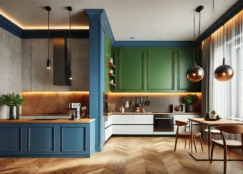 A stylish modern kitchen featuring a bold accent wall in royal blue, standing out with sleek appliances and wooden countertops, creating a dynamic and cozy atmosphere.