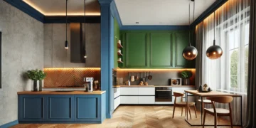 A stylish modern kitchen featuring a bold accent wall in royal blue, standing out with sleek appliances and wooden countertops, creating a dynamic and cozy atmosphere.