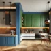 A stylish modern kitchen featuring a bold accent wall in royal blue, standing out with sleek appliances and wooden countertops, creating a dynamic and cozy atmosphere.