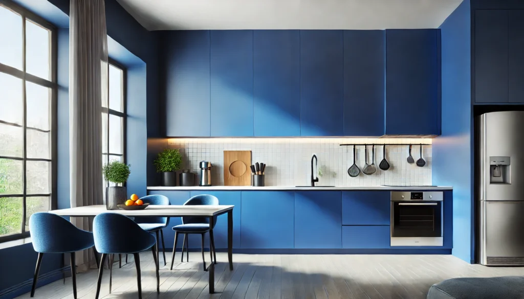 A kitchen featuring a striking bold color accent wall in royal blue, adding energy and vibrancy to the space, complemented by minimalist cabinetry and sleek appliances.
