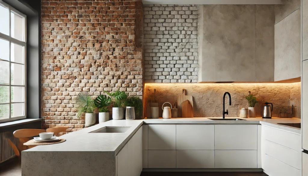 A cozy kitchen with a textured brick accent wall that creates depth and warmth, paired with modern cabinetry and minimalist design elements.