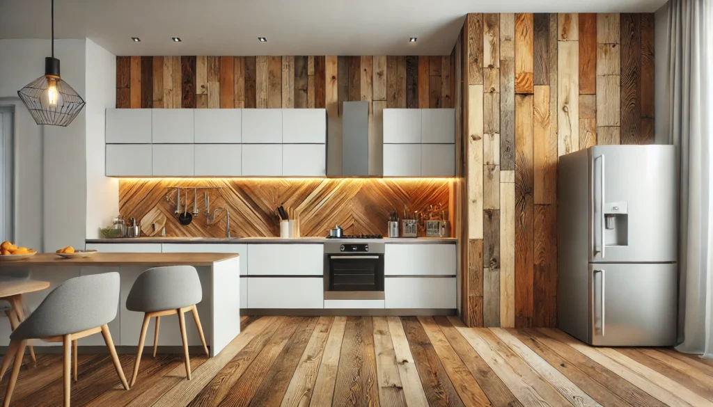 A kitchen with a warm reclaimed wood accent wall, complementing the sleek, modern design with white cabinetry and stainless steel appliances.