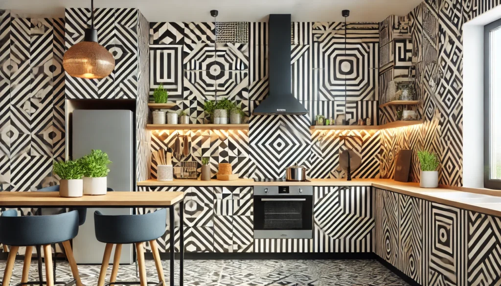 A modern kitchen featuring a bold geometric patterned wallpaper accent wall, adding personality to the space while complementing contemporary appliances.