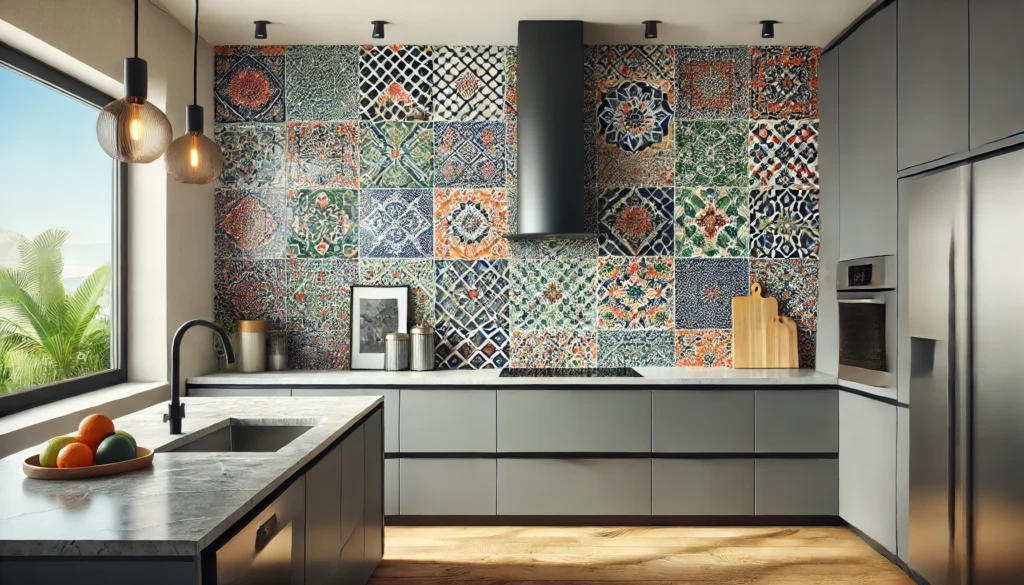 A kitchen with a colorful Moroccan mosaic tile accent wall, adding an exotic touch to the space, with sleek cabinetry and stainless steel appliances.