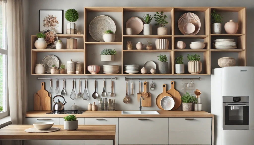 A kitchen with open shelving on the accent wall, ideal for displaying decorative items and functional kitchenware.