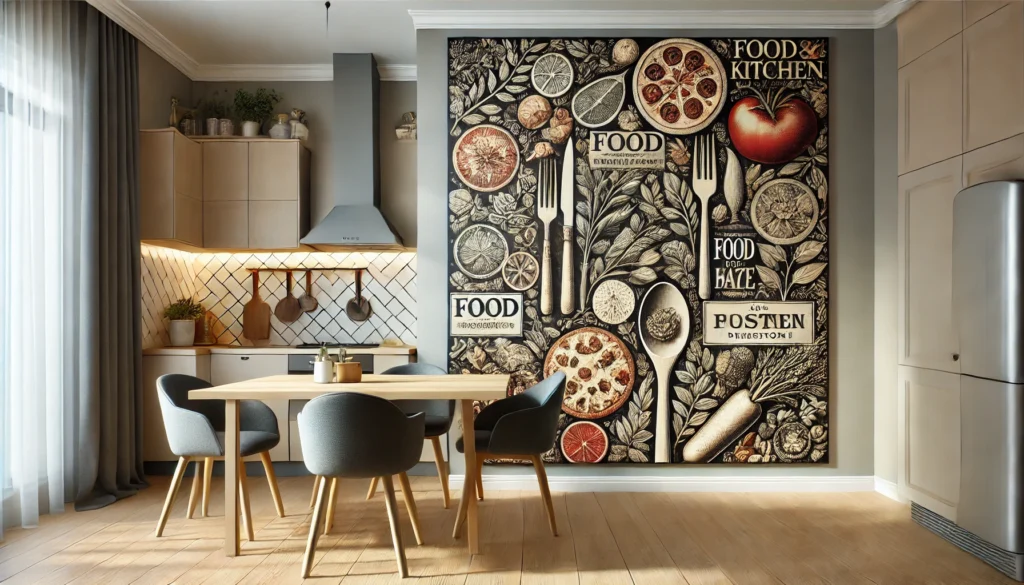 A modern kitchen with a large piece of food-related artwork on the accent wall, creating a personal and artistic atmosphere.