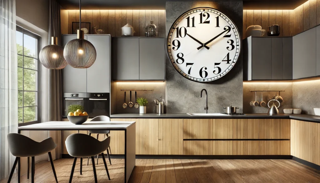 A modern kitchen with a stylish clock acting as the focal point on the accent wall, combining function and elegance.