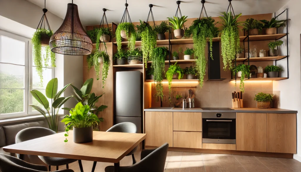 A cozy kitchen with hanging plants on the accent wall, adding a fresh and vibrant touch to the space.