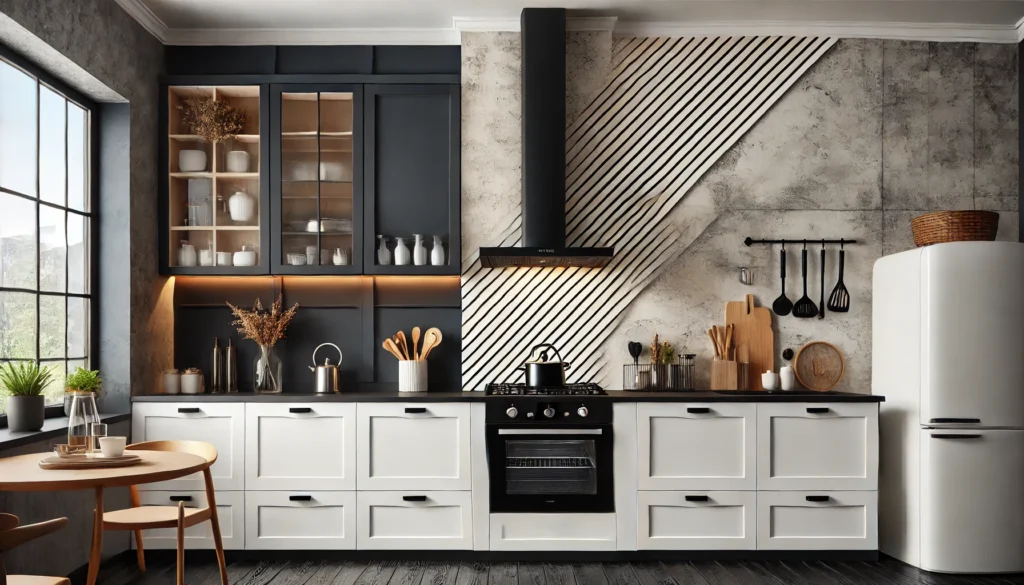 A modern kitchen showcasing a striking focal point accent wall behind the stove, featuring bold colors and textures.