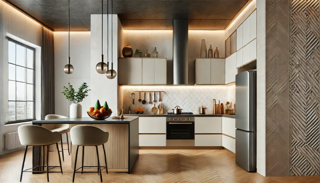 A modern kitchen with a smaller accent wall that makes a bold statement while maintaining a balance in the space.