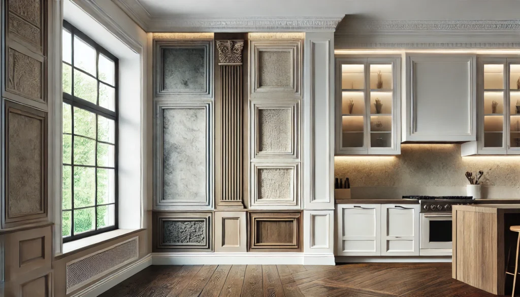A modern kitchen with an accent wall incorporating architectural features like windows and molding, blending textures and colors for a sophisticated look.