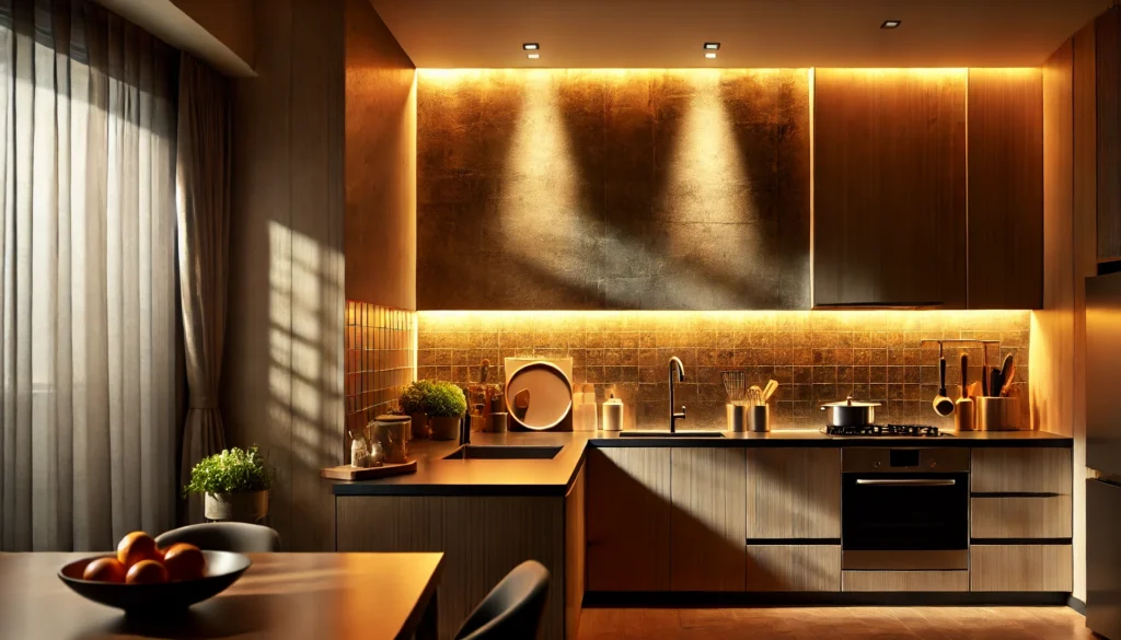 A modern kitchen with accent wall beautifully illuminated by both natural and artificial light, highlighting its texture and color.