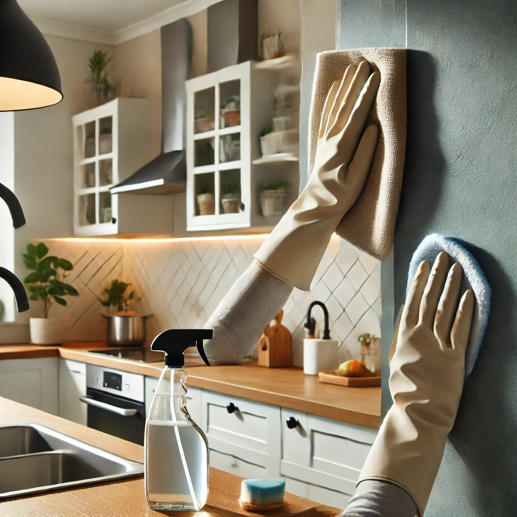 A person cleaning a modern kitchen accent wall with a cotton cloth and suitable cleaning products, highlighting the importance of regular cleaning to maintain the wall's appeal.