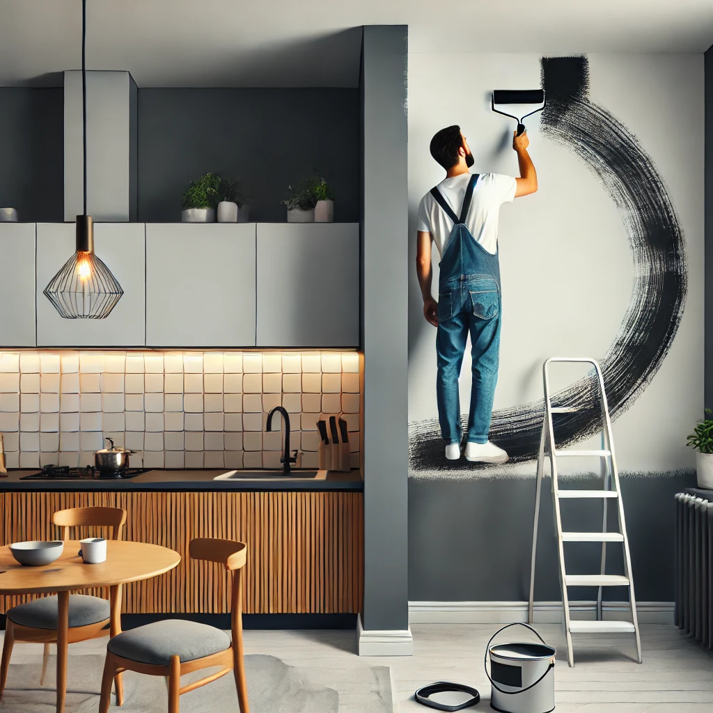 A person performing touch-ups on a painted kitchen accent wall, ensuring the wall maintains its fresh look in a modern kitchen.
