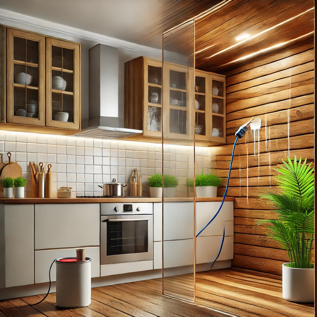 A kitchen with a wood accent wall being sealed to prevent moisture and stains, showcasing the sealing process and the modern kitchen design.