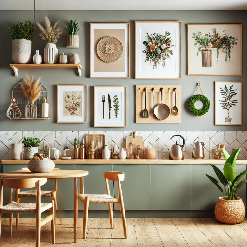 A modern kitchen with an updated accent wall decor, featuring a fresh arrangement of decor items, such as new artwork and plants, demonstrating the process of keeping the accent wall fresh and stylish.