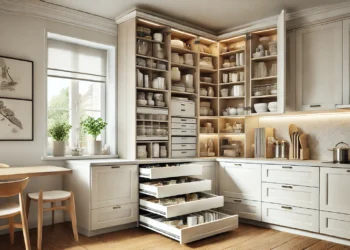 A modern kitchen featuring an organized corner with pull-out drawers, Lazy Susan, and open shelving, highlighting smart storage solutions and space-maximizing design.