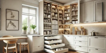 A modern kitchen featuring an organized corner with pull-out drawers, Lazy Susan, and open shelving, highlighting smart storage solutions and space-maximizing design.