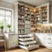 A modern kitchen featuring an organized corner with pull-out drawers, Lazy Susan, and open shelving, highlighting smart storage solutions and space-maximizing design.