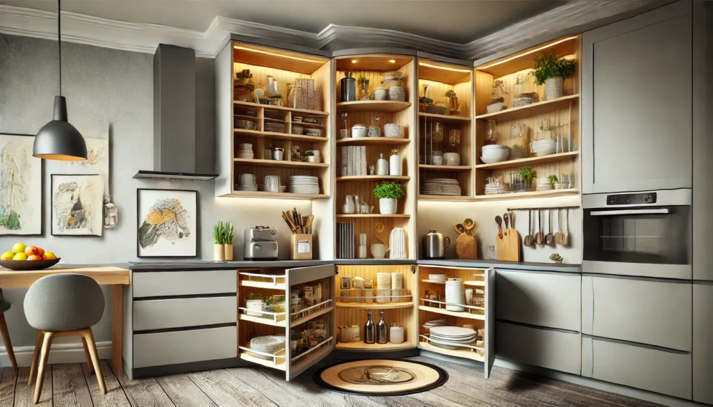A modern kitchen with a Lazy Susan corner cabinet for efficient and organized storage, perfect for accessing hard-to-reach items like pantry goods or small kitchen appliances.