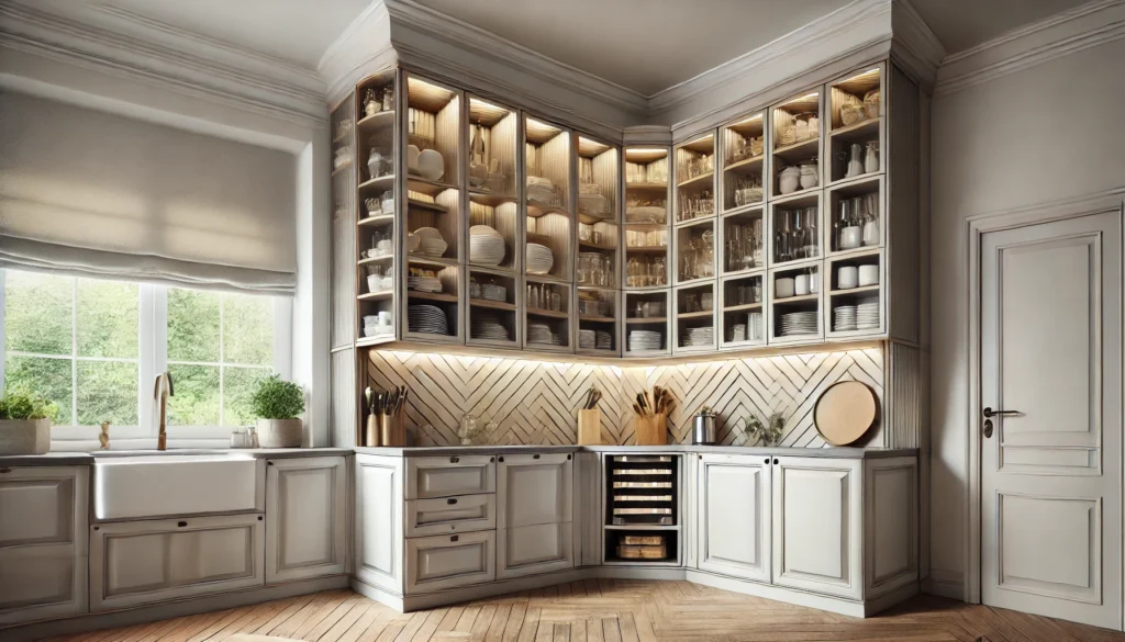 A modern kitchen with swing-out and pull-out corner cabinets, showcasing a space-efficient storage solution for large kitchen items like pots and pans.
