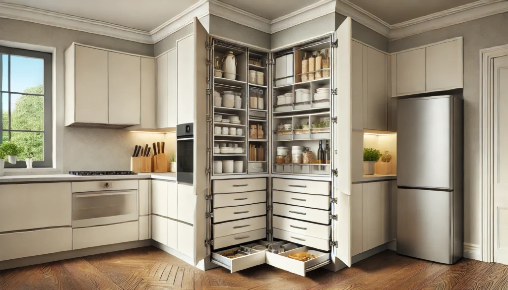A contemporary kitchen with open corner shelving, offering quick access to daily essentials and adding a modern touch with the display of dishes and decorative items.