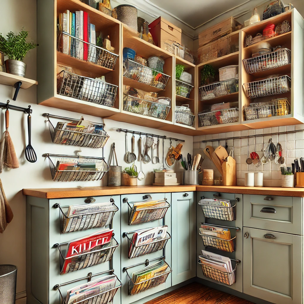 A modern kitchen showcasing DIY corner cabinet organization with tension rods, repurposed household items like magazine holders and wire baskets, and a newly painted cabinet with updated hardware for enhanced functionality and style.