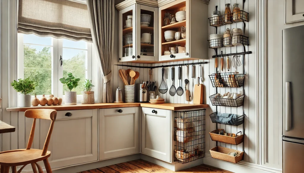 DIY corner cabinet organization with tension rods, repurposed magazine holders, wire baskets for storage, and updated hardware in a modern kitchen.