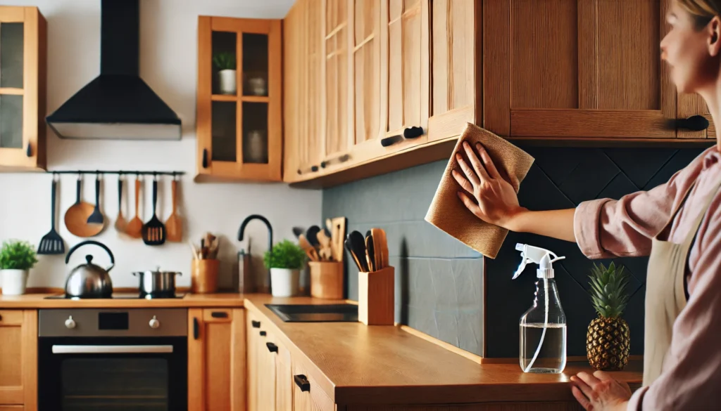 A modern kitchen with corner cabinets being cleaned. A person is wiping down the wooden cabinet surfaces with a soft cloth and wood-approved cleaner. The kitchen looks fresh and well-maintained, highlighting the importance of regular cleaning to keep corner cabinets in perfect condition