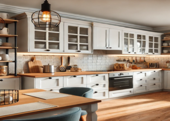 A beautifully renovated kitchen with freshly painted cabinets, stylish pendant lights, a modern backsplash, and budget-friendly wooden countertops in a bright and inviting space
