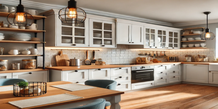 A beautifully renovated kitchen with freshly painted cabinets, stylish pendant lights, a modern backsplash, and budget-friendly wooden countertops in a bright and inviting space