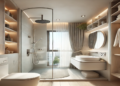 A modern tiny ensuite bathroom featuring space-saving elements like a floating vanity, corner shower, large mirror, and open shelving, designed for a spacious, functional, and stylish look