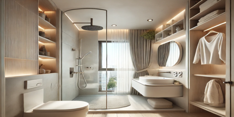 A modern tiny ensuite bathroom featuring space-saving elements like a floating vanity, corner shower, large mirror, and open shelving, designed for a spacious, functional, and stylish look