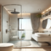 A modern tiny ensuite bathroom featuring space-saving elements like a floating vanity, corner shower, large mirror, and open shelving, designed for a spacious, functional, and stylish look