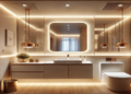A modern small bathroom featuring recessed ceiling lights, a backlit mirror, and pendant lighting. The elegant vanity has a glowing LED strip, creating a warm and inviting ambiance in a compact space